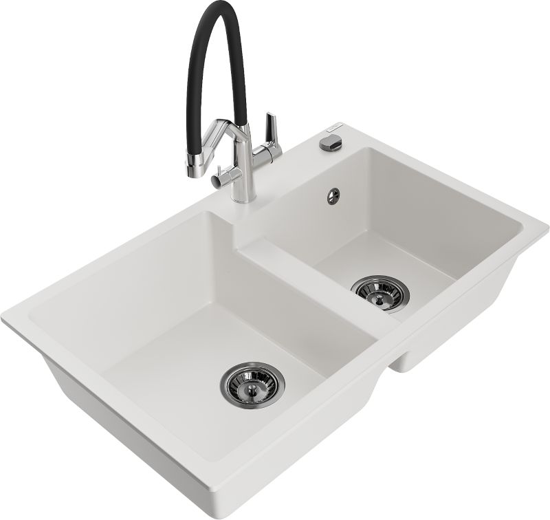 Zlewozmywak granitowy Mexen  Tomas 2-komorowy z baterią kuchenną  Duo biały  - 6516-20-671701-70-B 1 szt.