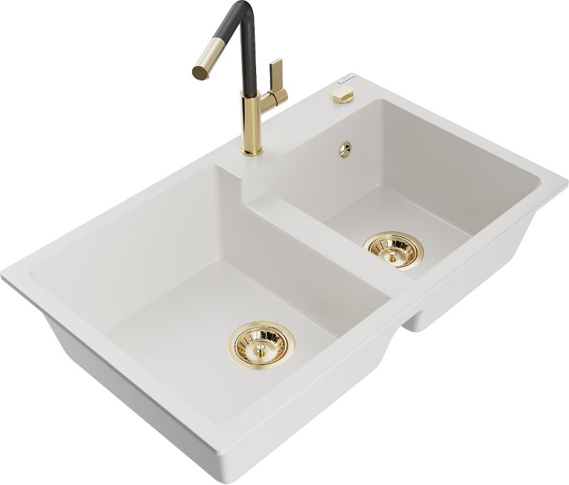 Zlewozmywak granitowy Mexen  Tomas 2-komorowy z baterią kuchenną  Flora biały  - 6516-20-670401-00 1 szt.