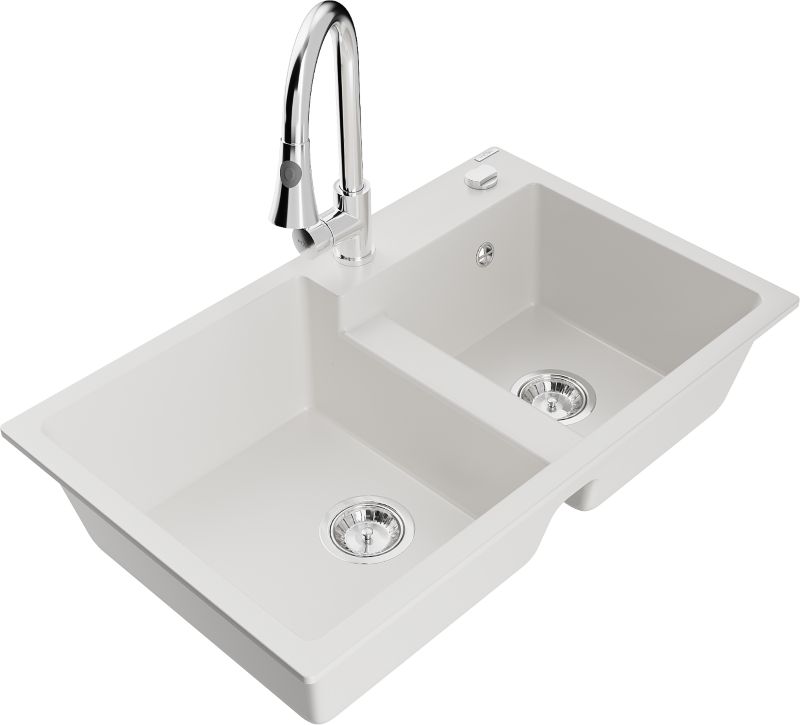 Zlewozmywak granitowy Mexen  Tomas 2-komorowy z baterią kuchenną  Flora biały  - 6516-20-670401-02 1 szt.