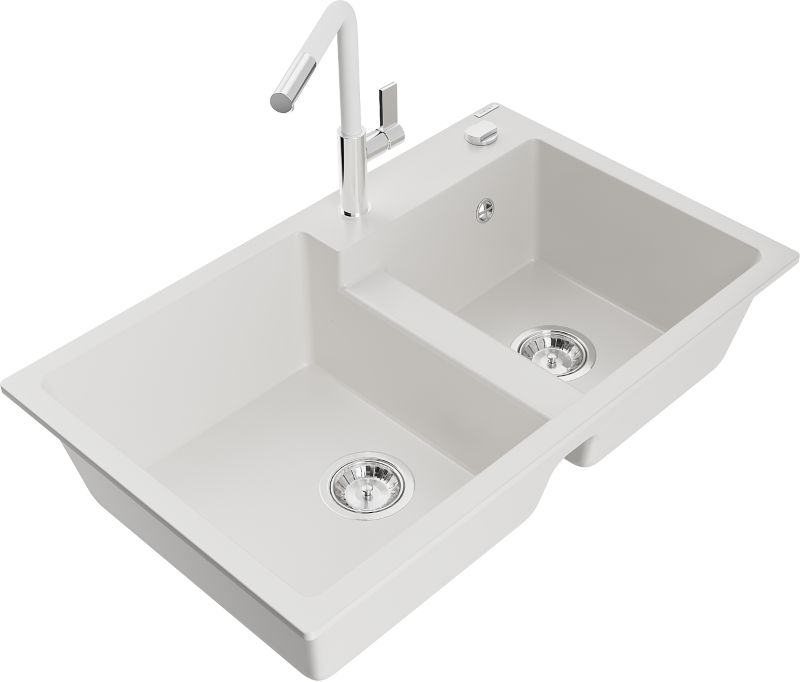 Zlewozmywak granitowy Mexen  Tomas 2-komorowy z baterią kuchenną  Flora biały  - 6516-20-670401-06 1 szt.