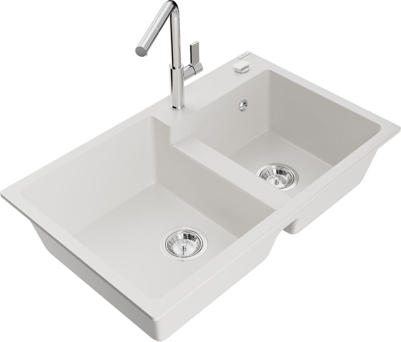 Zlewozmywak granitowy Mexen  Tomas 2-komorowy z baterią kuchenną  Flora biały  - 6516-20-670401-07 1 szt.