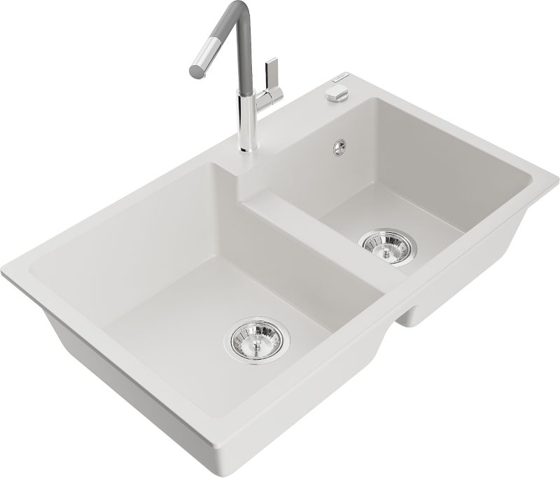 Zlewozmywak granitowy Mexen  Tomas 2-komorowy z baterią kuchenną  Flora biały  - 6516-20-670401-07-B 1 szt.