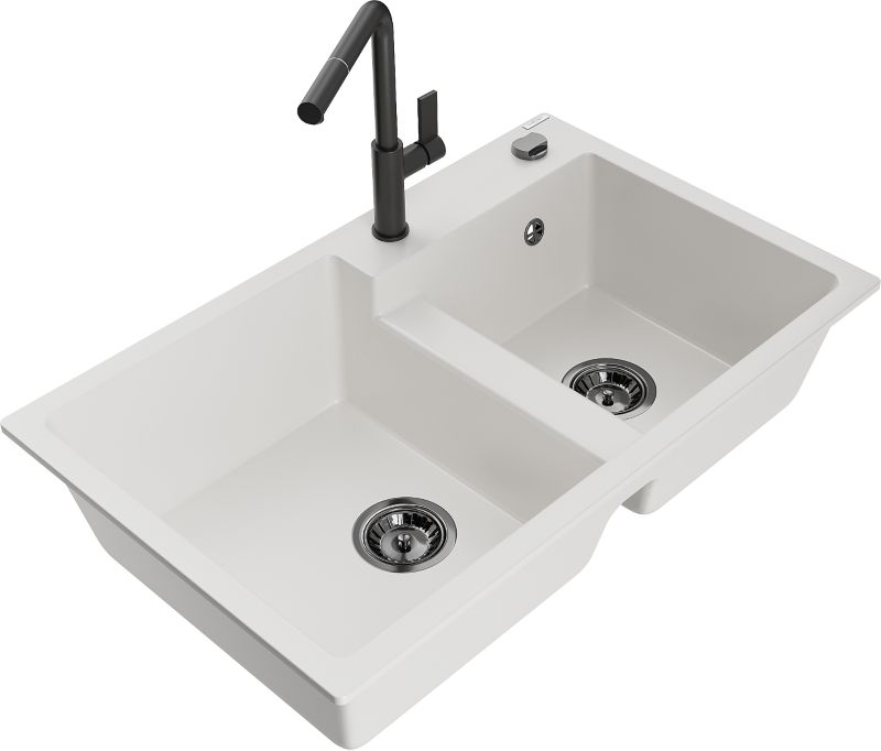Zlewozmywak granitowy Mexen  Tomas 2-komorowy z baterią kuchenną  Flora biały  - 6516-20-670401-57-B 1 szt.