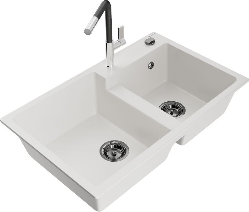 Zlewozmywak granitowy Mexen  Tomas 2-komorowy z baterią kuchenną  Flora biały  - 6516-20-670401-57-G 1 szt.
