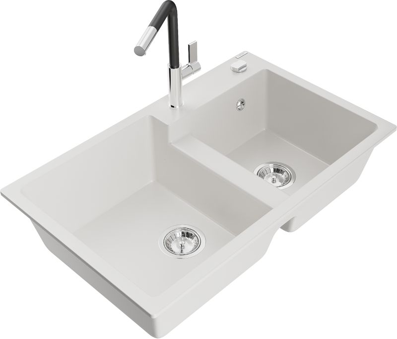 Zlewozmywak granitowy Mexen  Tomas 2-komorowy z baterią kuchenną  Flora biały  - 6516-20-670401-70-B 1 szt.