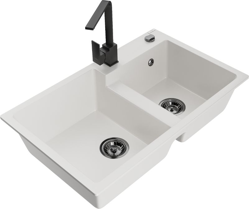 Zlewozmywak granitowy Mexen  Tomas 2-komorowy z baterią kuchenną  Rita biały  - 6516-20-670300-50 1 szt.