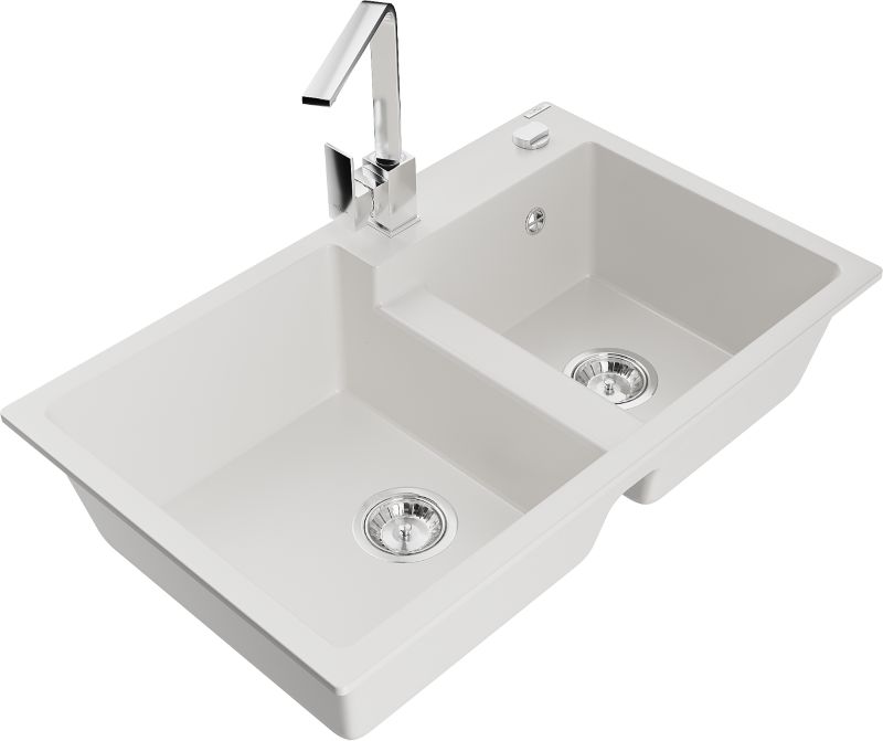 Zlewozmywak granitowy Mexen  Tomas 2-komorowy z baterią kuchenną  Savita biały  - 6516-20-672601-50 1 szt.
