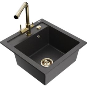 Zlewozmywak granitowy Mexen  Vito 1-komorowy z baterią kuchenną  Duero czarny  6503-76-671600-50