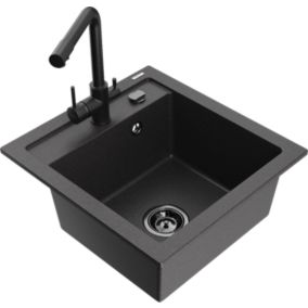 Zlewozmywak granitowy Mexen  Vito 1-komorowy z baterią kuchenną  Duero czarny  6503-76-671600-70-B