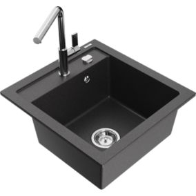 Zlewozmywak granitowy Mexen  Vito 1-komorowy z baterią kuchenną  Flora czarny  6503-76-670401-00