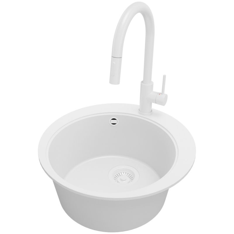 Zlewozmywak Granitowy Okrągły Piza PRIMAGRAN Nablatowy 50x50cm do szafki od 45cm z Syfonem i Baterią Cały Biały 1 szt.