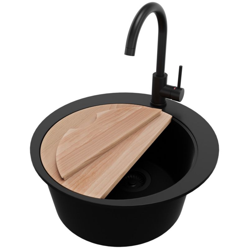 Zlewozmywak Granitowy Okrągły Piza PRIMAGRAN Nablatowy 50x50cm do szafki od 45cm z Syfonem i Baterią Cały Czarny 1 szt.