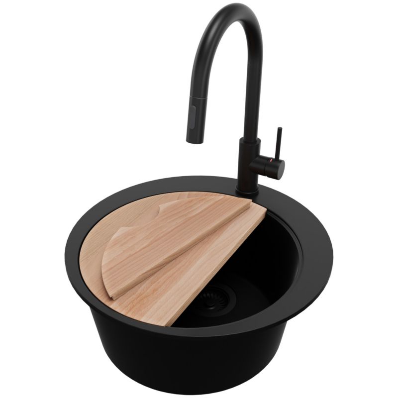 Zlewozmywak Granitowy Okrągły Piza PRIMAGRAN Nablatowy 50x50cm do szafki od 45cm z Syfonem i Baterią Cały Czarny 1 szt.