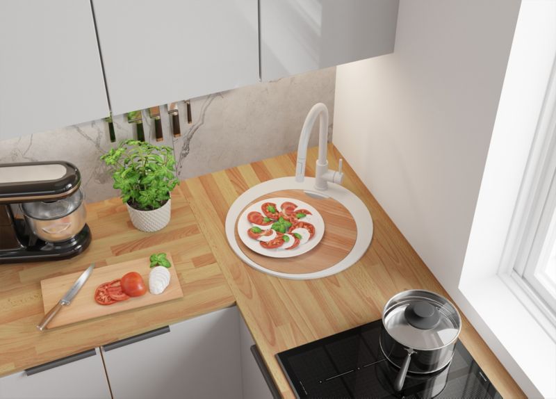Zlewozmywak Granitowy Okrągły Piza PRIMAGRAN Nablatowy 50x50cm do szafki od 45cm z Syfonem i Baterią i Dodatkiem Biały 1 szt.