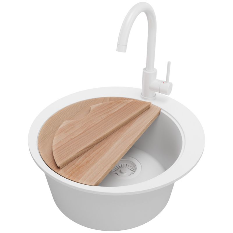 Zlewozmywak Granitowy Okrągły Piza PRIMAGRAN Nablatowy 50x50cm do szafki od 45cm z Syfonem i Baterią i Dodatkiem Cały Biały 1 szt.
