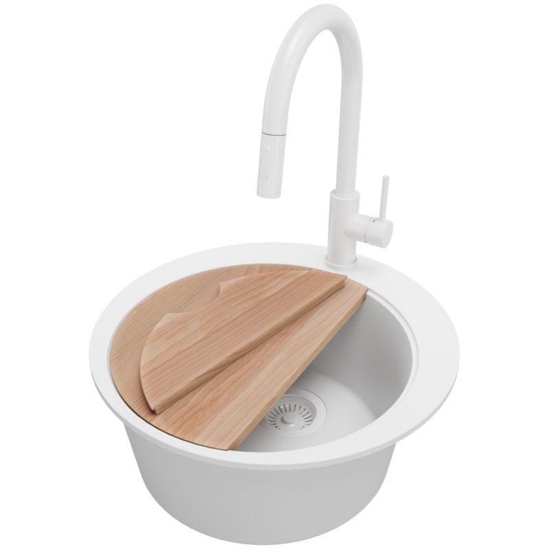 Zlewozmywak Granitowy Okrągły Piza PRIMAGRAN Nablatowy 50x50cm do szafki od 45cm z Syfonem i Baterią i Dodatkiem Cały Biały 1 szt.