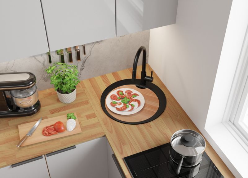 Zlewozmywak Granitowy Okrągły Piza PRIMAGRAN Nablatowy 50x50cm do szafki od 45cm z Syfonem i Baterią i Dodatkiem Czarny 1 szt.