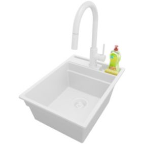 Zlewozmywak Granitowy Oslo Pocket PRIMAGRAN Nablatowy 38x53cm do szafki od 40cm z Syfonem i Baterią Cały Biały 1 szt.