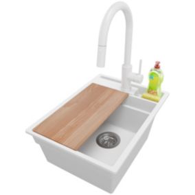 Zlewozmywak Granitowy Oslo Pocket PRIMAGRAN Nablatowy 38x53cm do szafki od 40cm z Syfonem i Baterią i Dodatkiem Biały 1 szt.