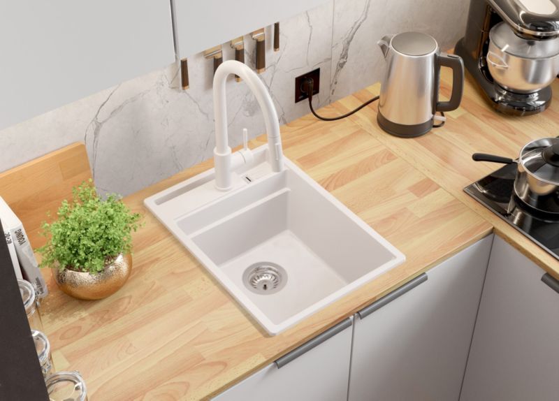 Zlewozmywak Granitowy Oslo Pocket PRIMAGRAN Nablatowy 38x53cm do szafki od 40cm z Syfonem i Baterią i Dodatkiem Cały Biały 1 szt.