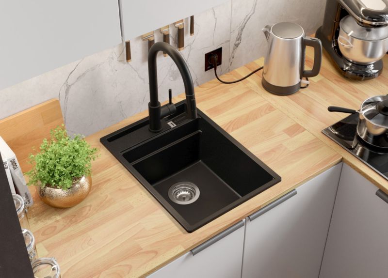 Zlewozmywak Granitowy Oslo Pocket PRIMAGRAN Nablatowy 38x53cm do szafki od 40cm z Syfonem i Baterią i Dodatkiem Cały Czarny 1 szt.