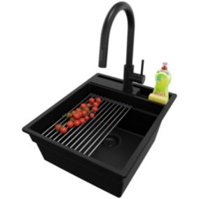 Zlewozmywak Granitowy Oslo Pocket PRIMAGRAN Nablatowy 43x53cm do szafki od 45cm z Syfonem i Baterią i Dodatkiem Cały Czarny 1 szt.