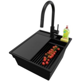 Zlewozmywak Granitowy Oslo Pocket PRIMAGRAN Nablatowy 43x53cm do szafki od 45cm z Syfonem i Baterią i Dodatkiem Cały Czarny 1 szt.