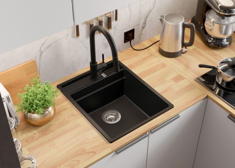 Zlewozmywak Granitowy Oslo Pocket PRIMAGRAN Nablatowy 43x53cm do szafki od 45cm z Syfonem i Baterią i Dodatkiem Czarny 1 szt.