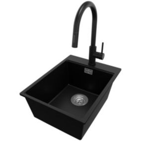 Zlewozmywak Granitowy Oslo PRIMAGRAN Nablatowy 38x50cm do szafki od 40cm z Syfonem i Baterią Czarny 1 szt.