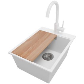 Zlewozmywak Granitowy Oslo PRIMAGRAN Nablatowy 38x50cm do szafki od 40cm z Syfonem i Baterią i Dodatkiem Biały 1 szt.