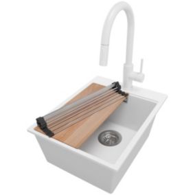 Zlewozmywak Granitowy Oslo PRIMAGRAN Nablatowy 38x50cm do szafki od 40cm z Syfonem i Baterią i Dodatkiem Biały 1 szt.