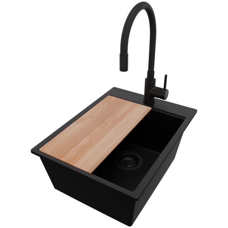 Zlewozmywak Granitowy Oslo PRIMAGRAN Nablatowy 38x50cm do szafki od 40cm z Syfonem i Baterią i Dodatkiem Cały Czarny 1 szt.