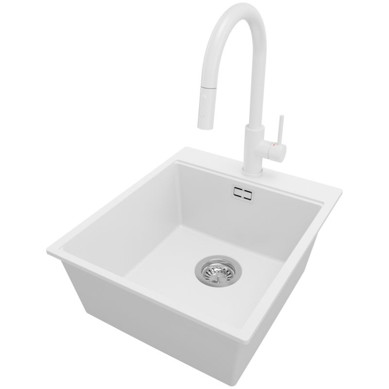 Zlewozmywak Granitowy Oslo PRIMAGRAN Nablatowy 43x50cm do szafki od 45cm z Syfonem i Baterią Biały 1 szt.
