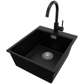 Zlewozmywak Granitowy Oslo PRIMAGRAN Nablatowy 43x50cm do szafki od 45cm z Syfonem i Baterią Czarny 1 szt.