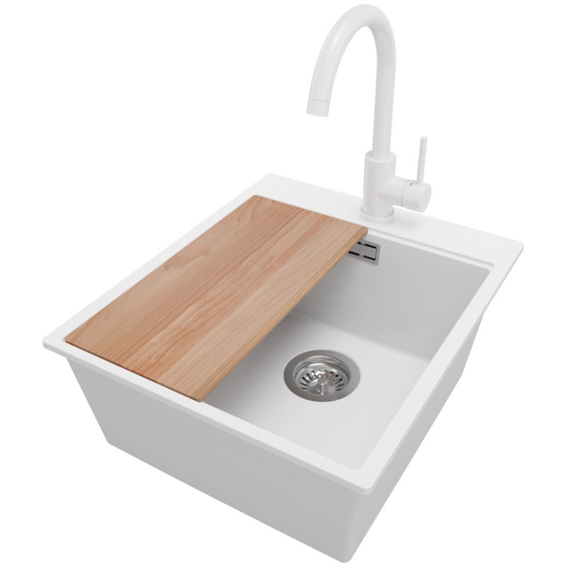 Zlewozmywak Granitowy Oslo PRIMAGRAN Nablatowy 43x50cm do szafki od 45cm z Syfonem i Baterią i Dodatkiem Biały 1 szt.