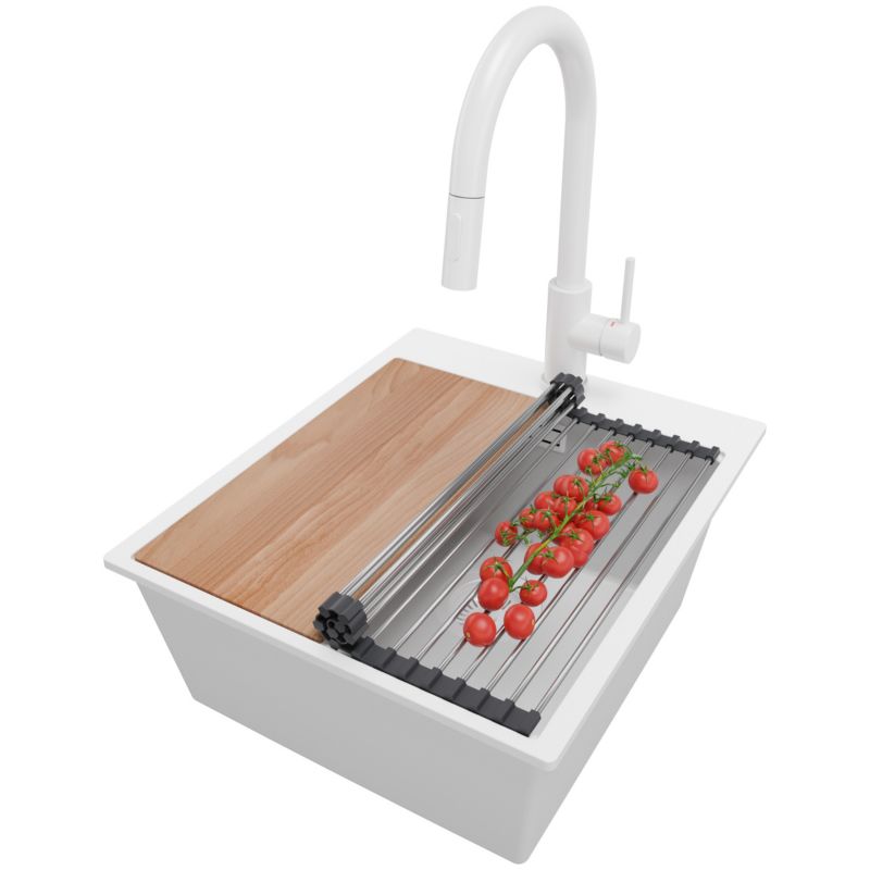Zlewozmywak Granitowy Oslo PRIMAGRAN Nablatowy 43x50cm do szafki od 45cm z Syfonem i Baterią i Dodatkiem Cały Biały 1 szt.