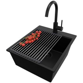 Zlewozmywak Granitowy Oslo PRIMAGRAN Nablatowy 43x50cm do szafki od 45cm z Syfonem i Baterią i Dodatkiem Cały Czarny 1 szt.