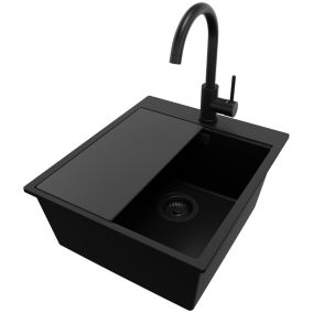 Zlewozmywak Granitowy Oslo PRIMAGRAN Nablatowy 43x50cm do szafki od 45cm z Syfonem i Baterią i Dodatkiem Cały Czarny 1 szt.