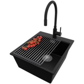 Zlewozmywak Granitowy Oslo PRIMAGRAN Nablatowy 43x50cm do szafki od 45cm z Syfonem i Baterią i Dodatkiem Czarny 1 szt.