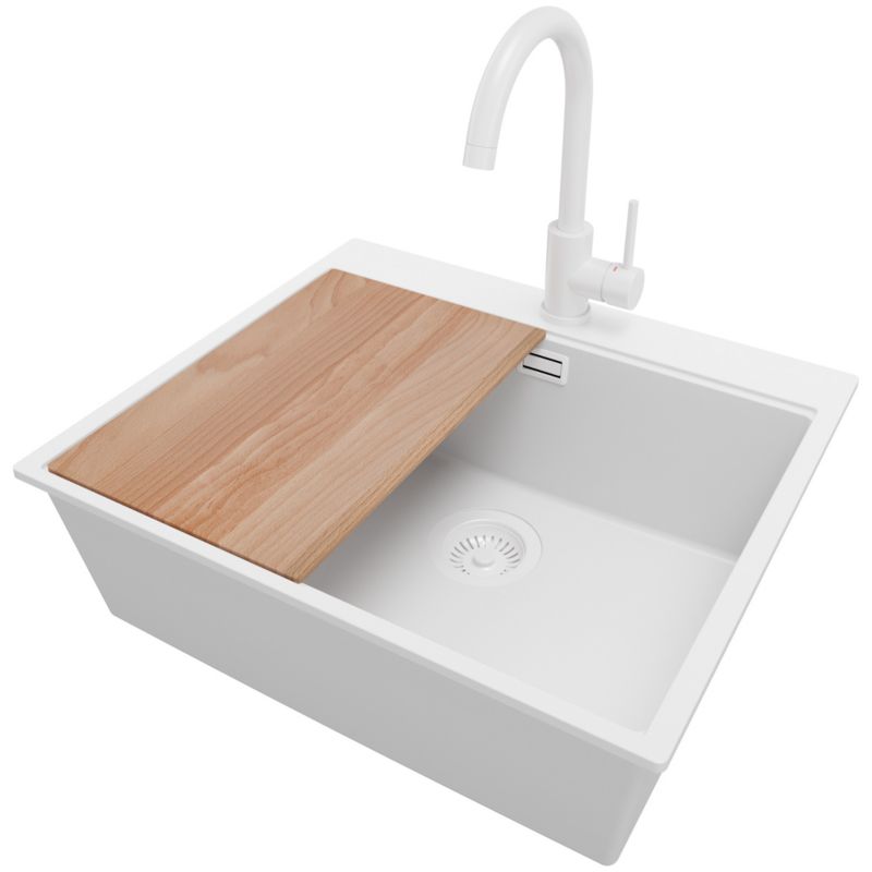 Zlewozmywak Granitowy Oslo PRIMAGRAN Nablatowy 58x50cm do szafki od 60cm z Syfonem i Baterią i Dodatkiem Cały Biały 1 szt.