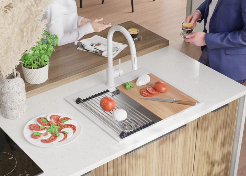 Zlewozmywak Granitowy Oslo PRIMAGRAN Nablatowy 58x50cm do szafki od 60cm z Syfonem i Baterią i Dodatkiem Cały Biały 1 szt.