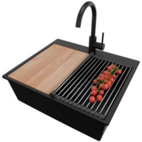 Zlewozmywak Granitowy Oslo PRIMAGRAN Nablatowy 58x50cm do szafki od 60cm z Syfonem i Baterią i Dodatkiem Cały Czarny 1 szt.