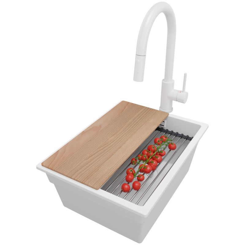 Zlewozmywak Granitowy Praga Slim PRIMAGRAN Nablatowy 36x47cm do szafki od 40cm z Syfonem i Baterią i Dodatkiem Cały Biały 1 szt.