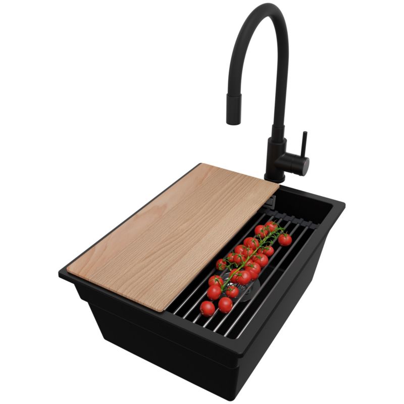 Zlewozmywak Granitowy Praga Slim PRIMAGRAN Nablatowy 36x47cm do szafki od 40cm z Syfonem i Baterią i Dodatkiem Czarny 1 szt.