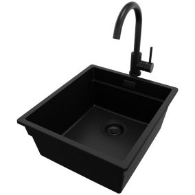 Zlewozmywak Granitowy Praga Slim PRIMAGRAN Nablatowy 41x47cm do szafki od 45cm z Syfonem i Baterią Cały Czarny 1 szt.
