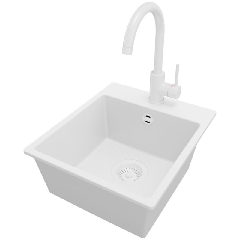 Zlewozmywak Granitowy Ryga Easy PRIMAGRAN Nablatowy 38x44cm do szafki od 40cm z Syfonem i Baterią Cały Biały 1 szt.