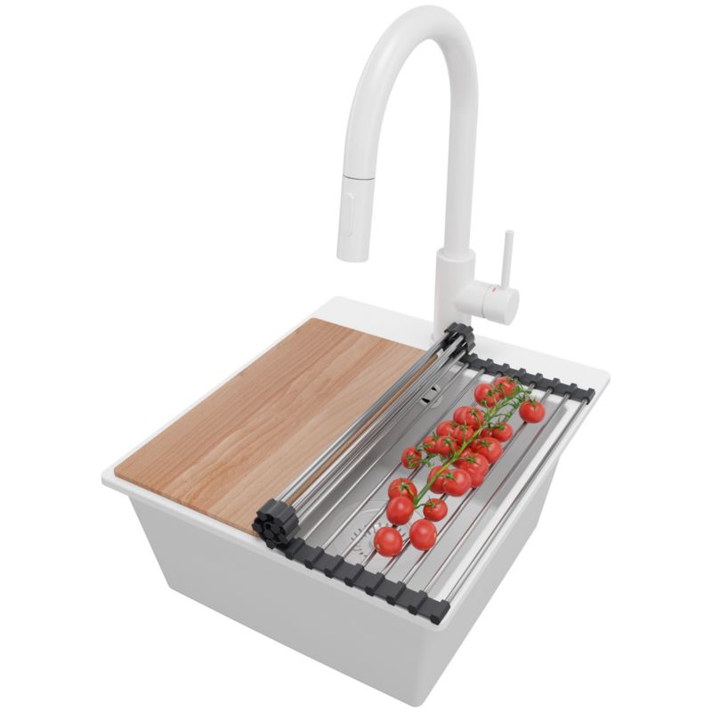Zlewozmywak Granitowy Ryga Easy PRIMAGRAN Nablatowy 38x44cm do szafki od 40cm z Syfonem i Baterią i Dodatkiem Cały Biały 1 szt.