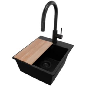 Zlewozmywak Granitowy Ryga Easy PRIMAGRAN Nablatowy 38x44cm do szafki od 40cm z Syfonem i Baterią i Dodatkiem Cały Czarny 1 szt.