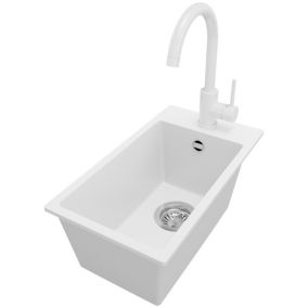 Zlewozmywak Granitowy Ryga PRIMAGRAN Nablatowy 28x50cm do szafki od 30cm z Syfonem i Baterią Biały 1 szt.