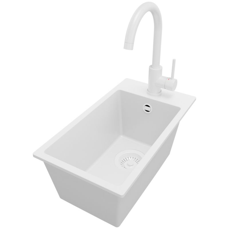 Zlewozmywak Granitowy Ryga PRIMAGRAN Nablatowy 28x50cm do szafki od 30cm z Syfonem i Baterią Cały Biały 1 szt.